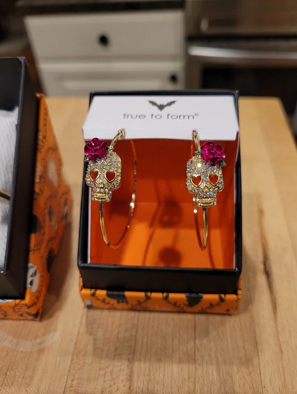 NEW True To Form Gold-Tone Skull Bracelet & Hoop Earrings with Pink Rose Accents